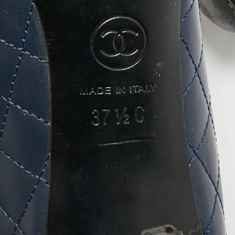 Pre Owned Chanel Navy Blue/Black Leather CC Mary Jane Pumps Size 37.5