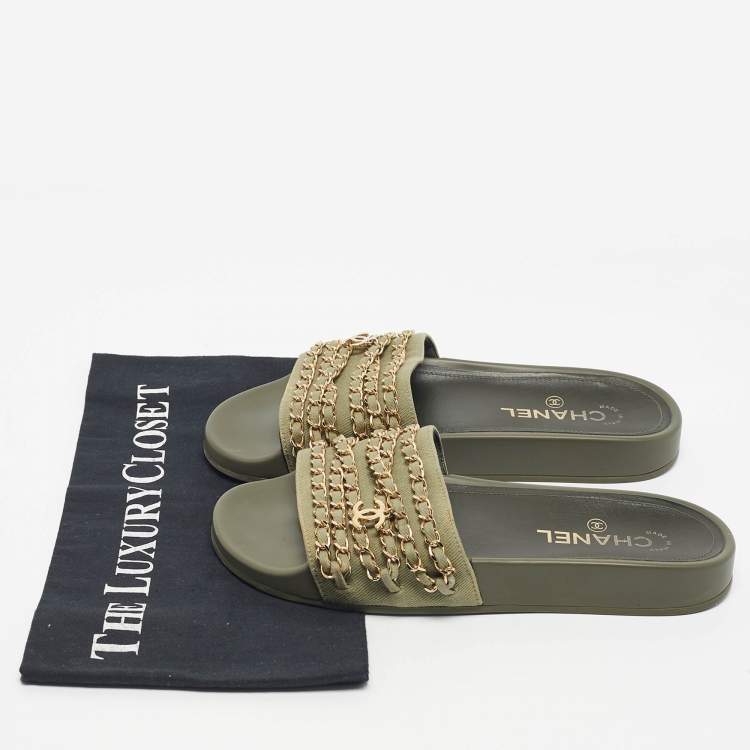 Pre Owned Chanel Green Canvas Tropiconic Chain Pool Slide Size 38