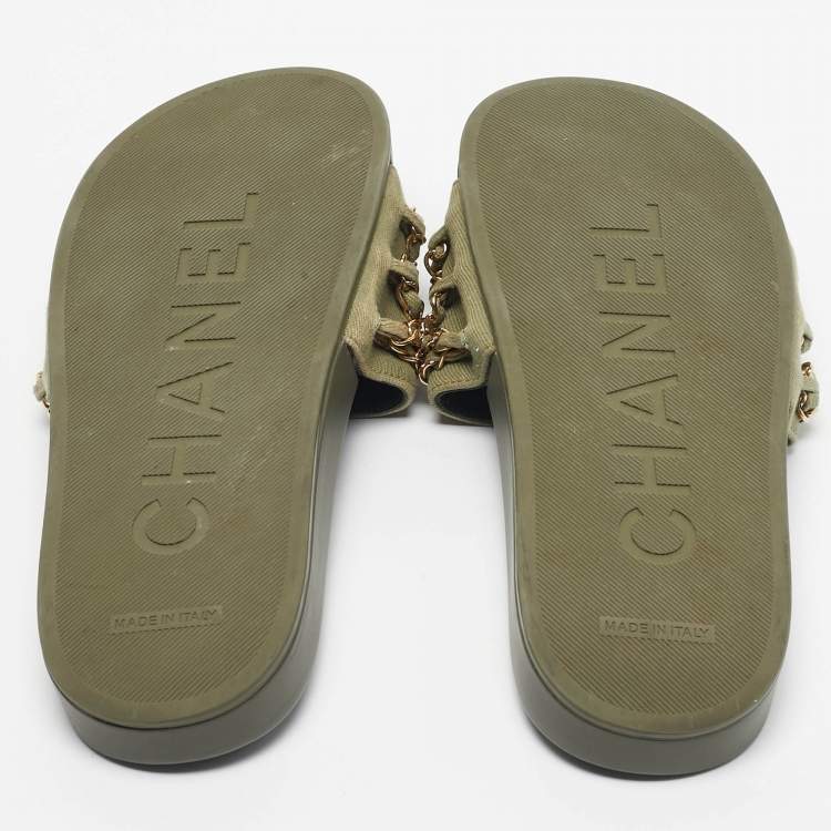 Pre Owned Chanel Green Canvas Tropiconic Chain Pool Slide Size 38