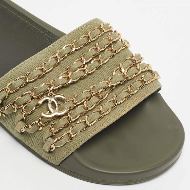 Pre Owned Chanel Green Canvas Tropiconic Chain Pool Slide Size 38