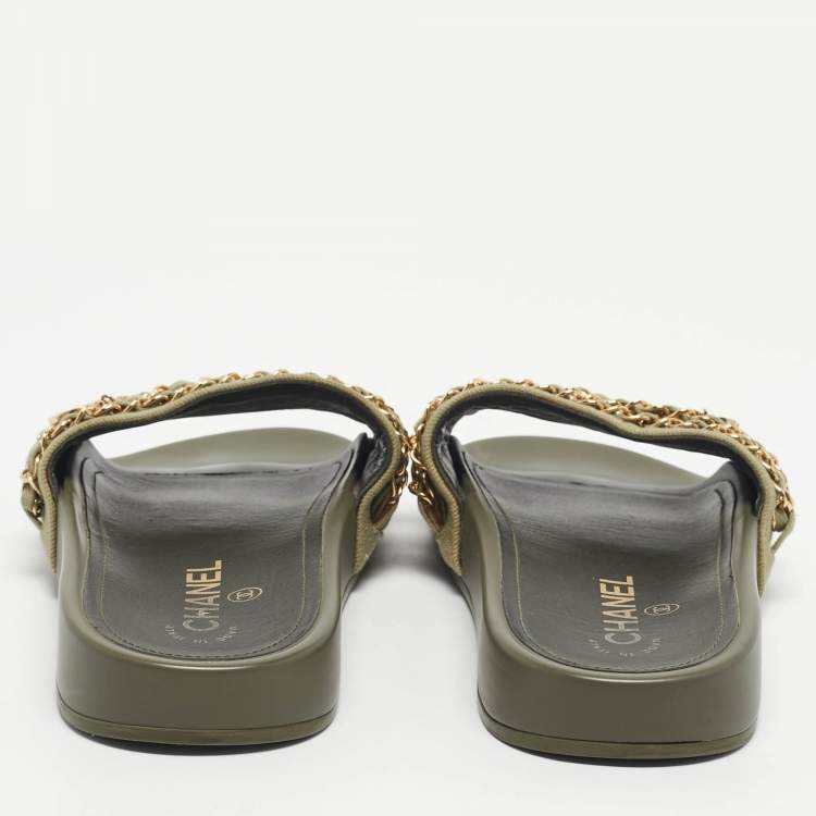 Pre Owned Chanel Green Canvas Tropiconic Chain Pool Slide Size 38
