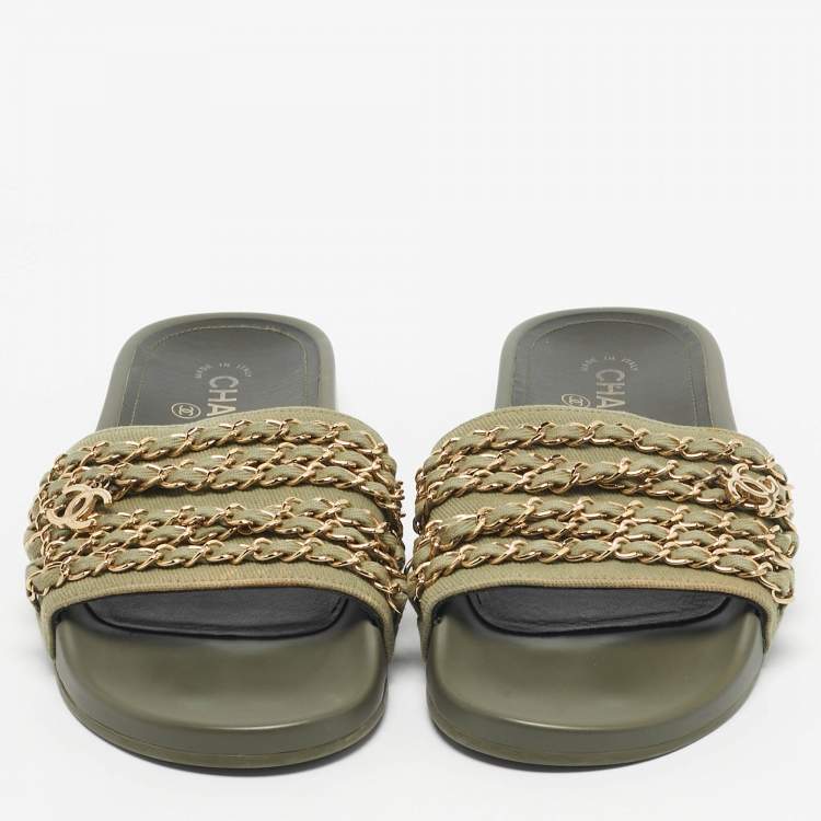 Pre Owned Chanel Green Canvas Tropiconic Chain Pool Slide Size 38