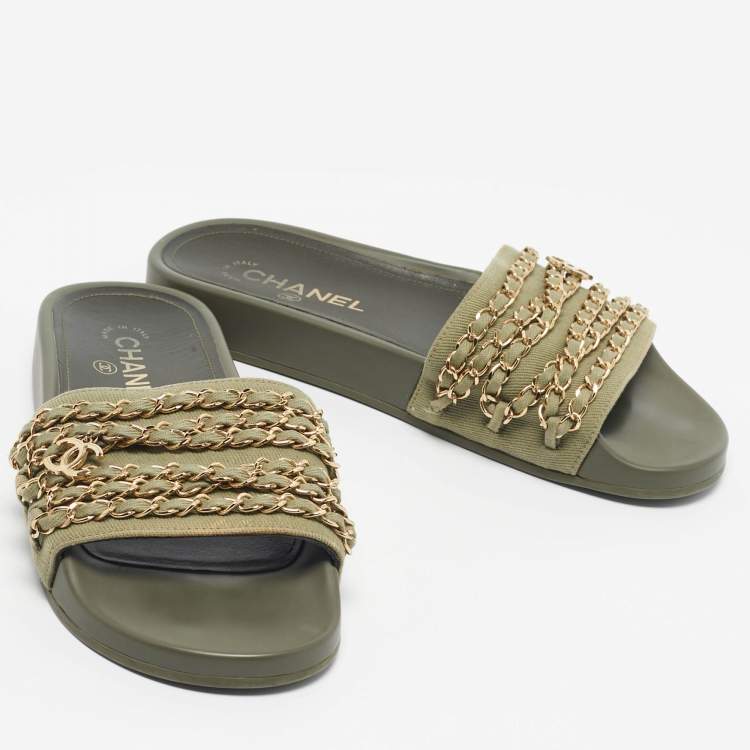 Pre Owned Chanel Green Canvas Tropiconic Chain Pool Slide Size 38