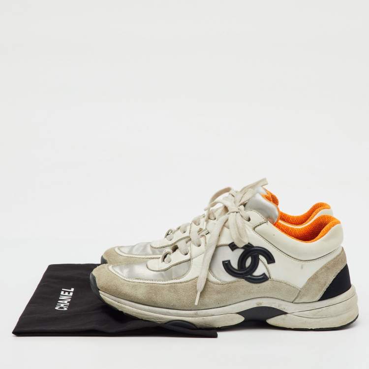 Pre Owned Chanel Grey/White Suede and Leather CC Low Top Sneakers Size 38.5
