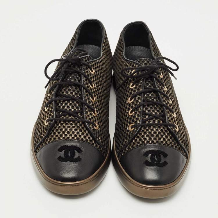 Pre Owned Chanel Gold/Black Mesh and Leather CC Low Top Sneakers Size 41.5