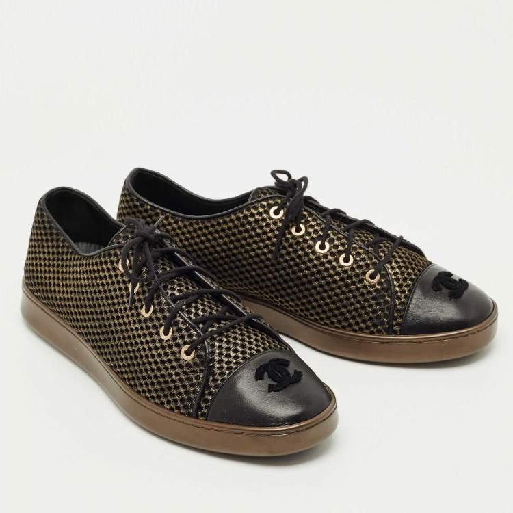 Pre Owned Chanel Gold/Black Mesh and Leather CC Low Top Sneakers Size 41.5