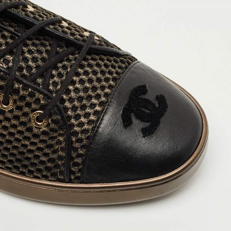 Pre Owned Chanel Gold/Black Mesh and Leather CC Low Top Sneakers Size 41.5