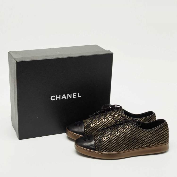 Pre Owned Chanel Gold/Black Mesh and Leather CC Low Top Sneakers Size 41.5