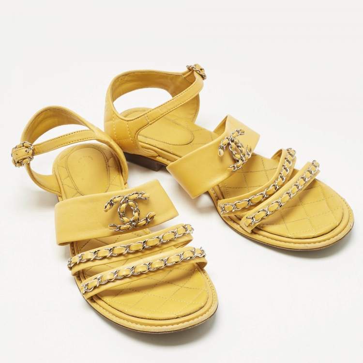 Pre Owned Chanel Yellow Leather Chain CC Ankle Strap Sandals Size 40