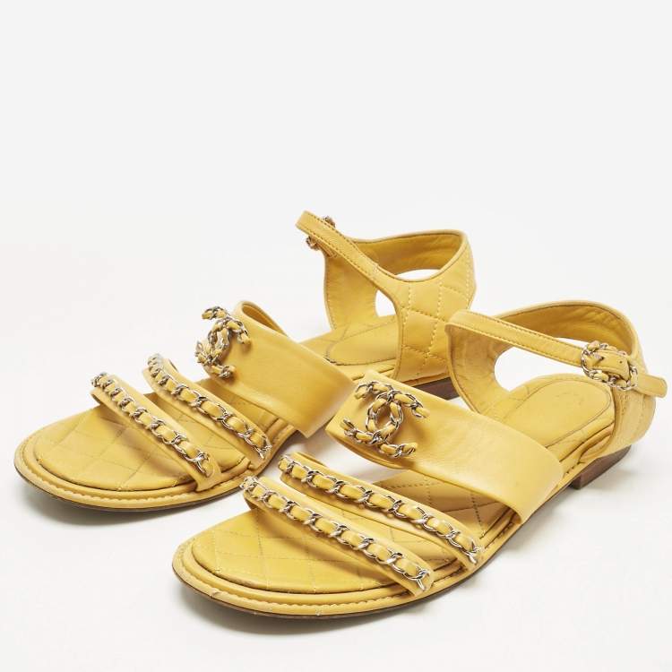 Pre Owned Chanel Yellow Leather Chain CC Ankle Strap Sandals Size 40