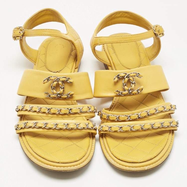 Pre Owned Chanel Yellow Leather Chain CC Ankle Strap Sandals Size 40