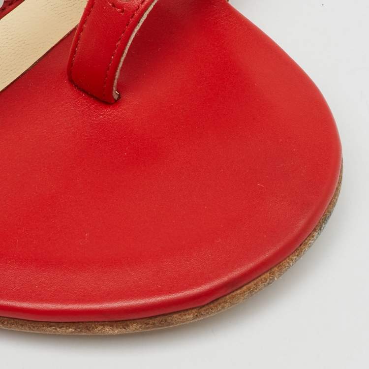 Pre Owned Chanel Red Leather CC Chain Link Strappy Flat Sandals Size 38.5