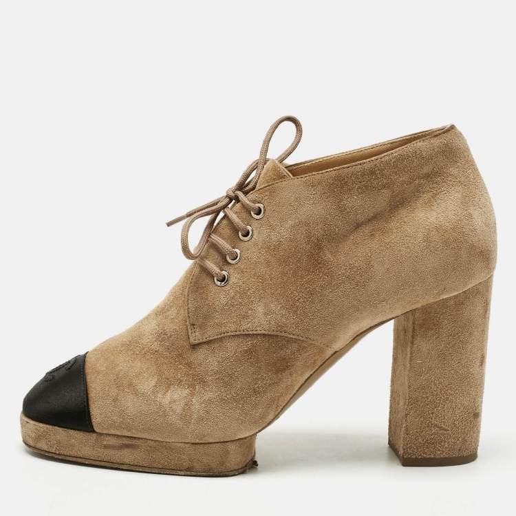 Pre Owned Chanel Beige/Black Suede Cap Toe Platform Ankle Boots Size 40.5