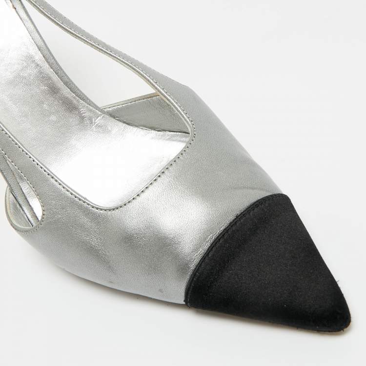 Pre Owned Chanel Black/Silver Leather and Canvas Pointed Toe Slingback Pumps Size 41