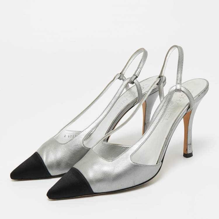 Pre Owned Chanel Black/Silver Leather and Canvas Pointed Toe Slingback Pumps Size 41