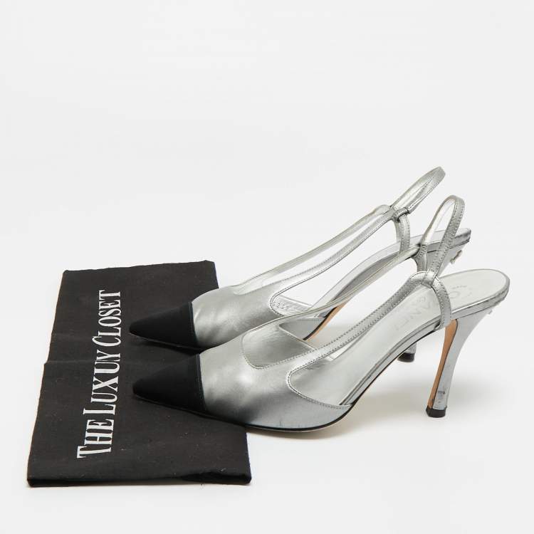 Pre Owned Chanel Black/Silver Leather and Canvas Pointed Toe Slingback Pumps Size 41