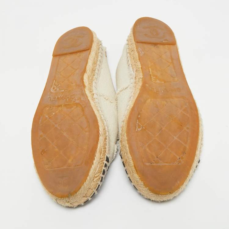 Pre Owned Chanel Grey/Black Canvas CC Cap Toe Espadrille Flats Size 36