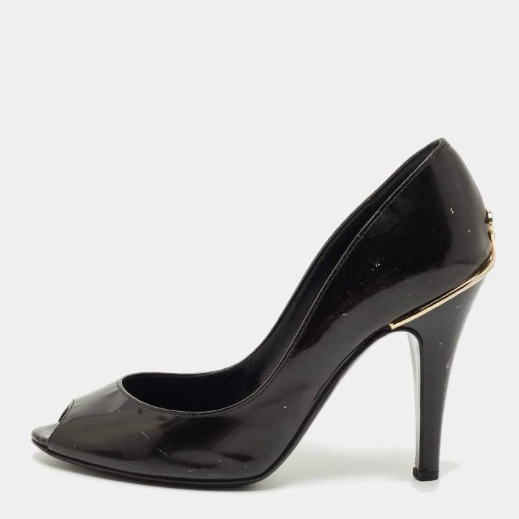 Pre Owned Chanel Black Patent Leather CC Peep Toe Pumps Size 34