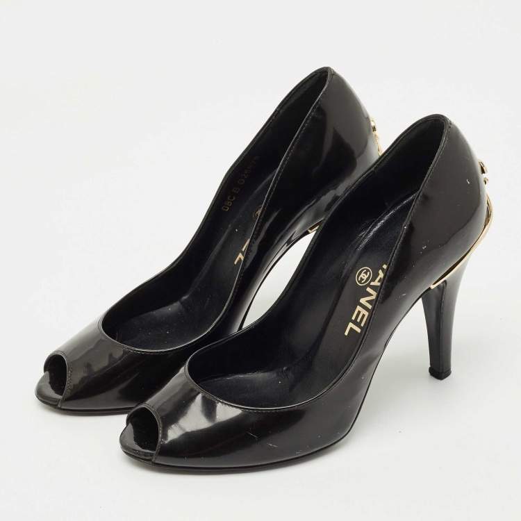 Pre Owned Chanel Black Patent Leather CC Peep Toe Pumps Size 34