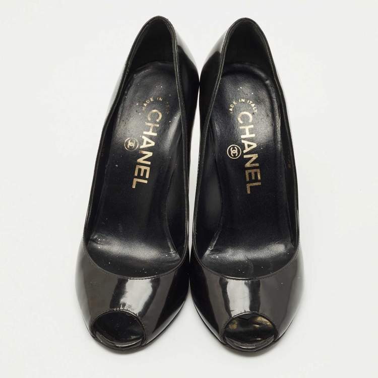 Pre Owned Chanel Black Patent Leather CC Peep Toe Pumps Size 34