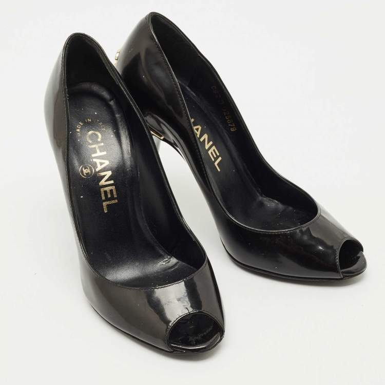 Pre Owned Chanel Black Patent Leather CC Peep Toe Pumps Size 34