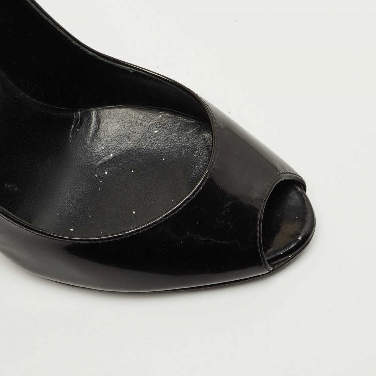 Pre Owned Chanel Black Patent Leather CC Peep Toe Pumps Size 34