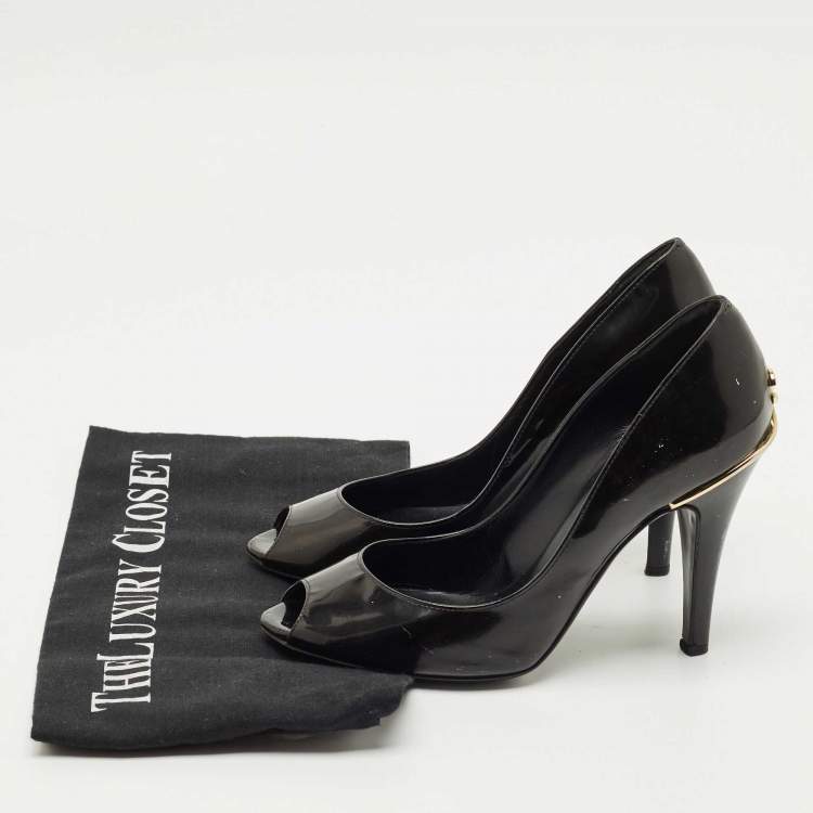 Pre Owned Chanel Black Patent Leather CC Peep Toe Pumps Size 34