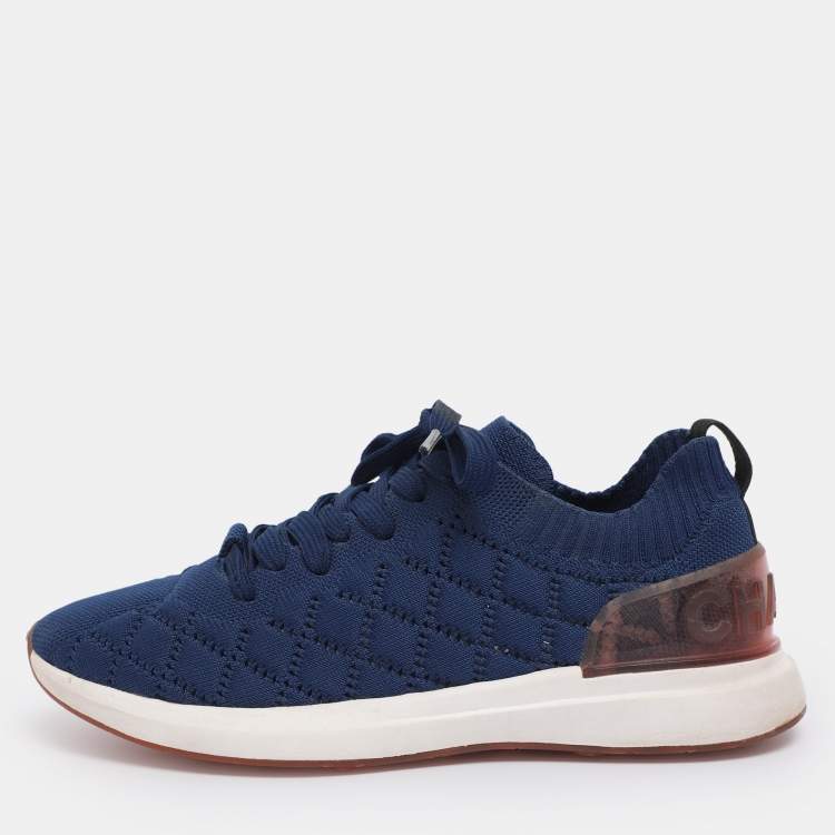 Pre Owned Chanel Blue Knit Fabric CC Low Top Sneakers Size 39