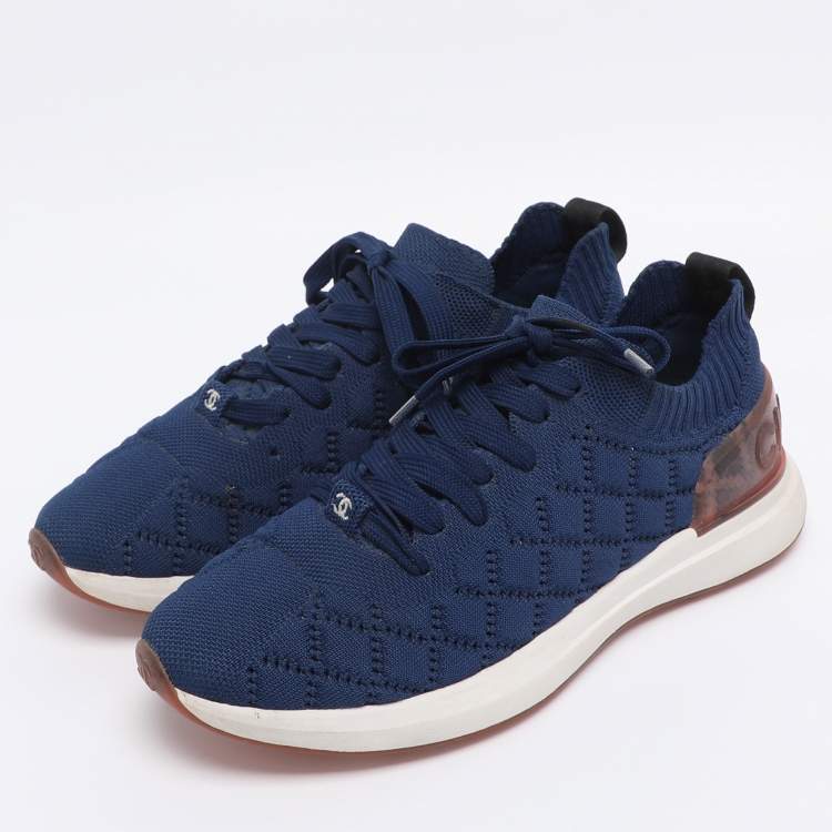 Pre Owned Chanel Blue Knit Fabric CC Low Top Sneakers Size 39