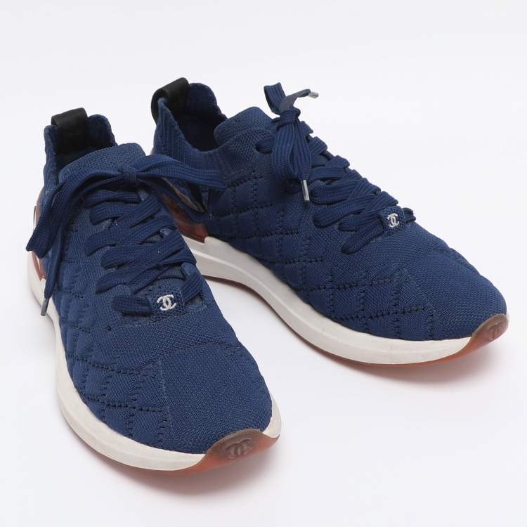 Pre Owned Chanel Blue Knit Fabric CC Low Top Sneakers Size 39