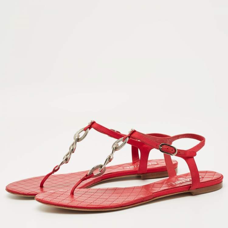 Pre Owned Chanel Red Canvas Thong Slingbag Flat Sandals Size 41.5