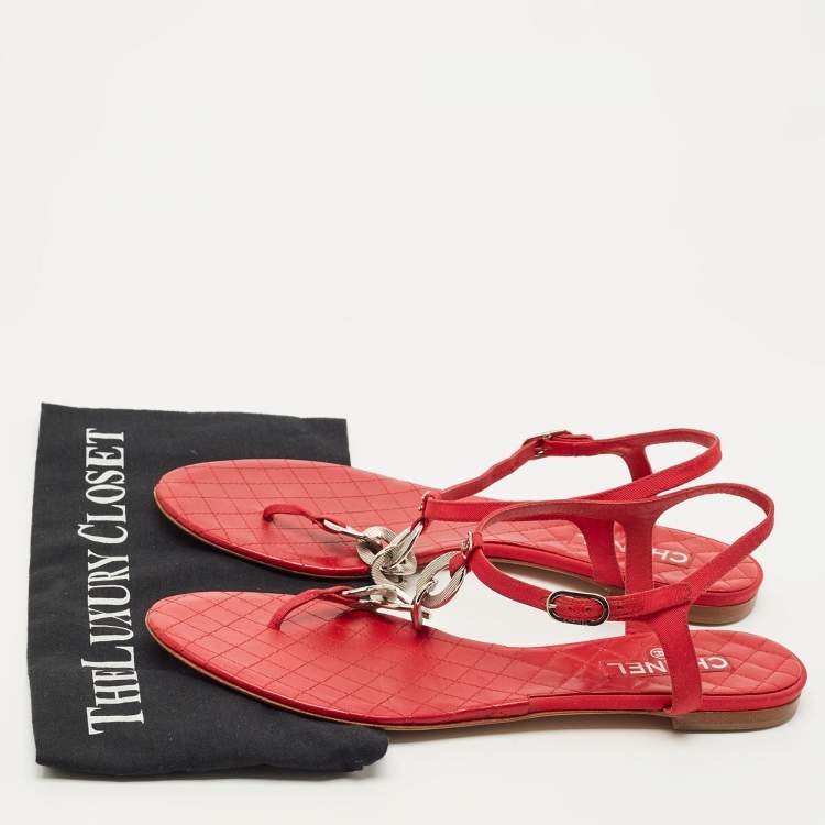 Pre Owned Chanel Red Canvas Thong Slingbag Flat Sandals Size 41.5