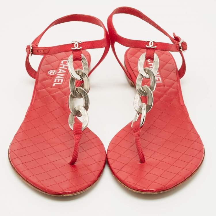 Pre Owned Chanel Red Canvas Thong Slingbag Flat Sandals Size 41.5