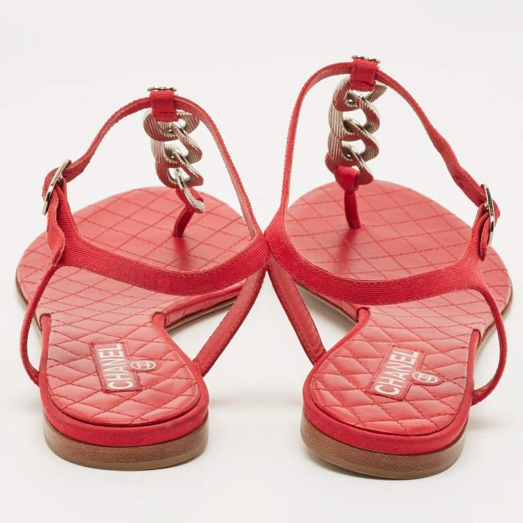 Pre Owned Chanel Red Canvas Thong Slingbag Flat Sandals Size 41.5
