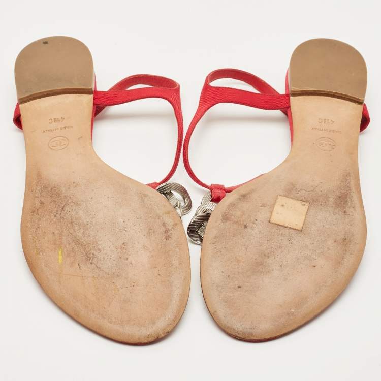 Pre Owned Chanel Red Canvas Thong Slingbag Flat Sandals Size 41.5