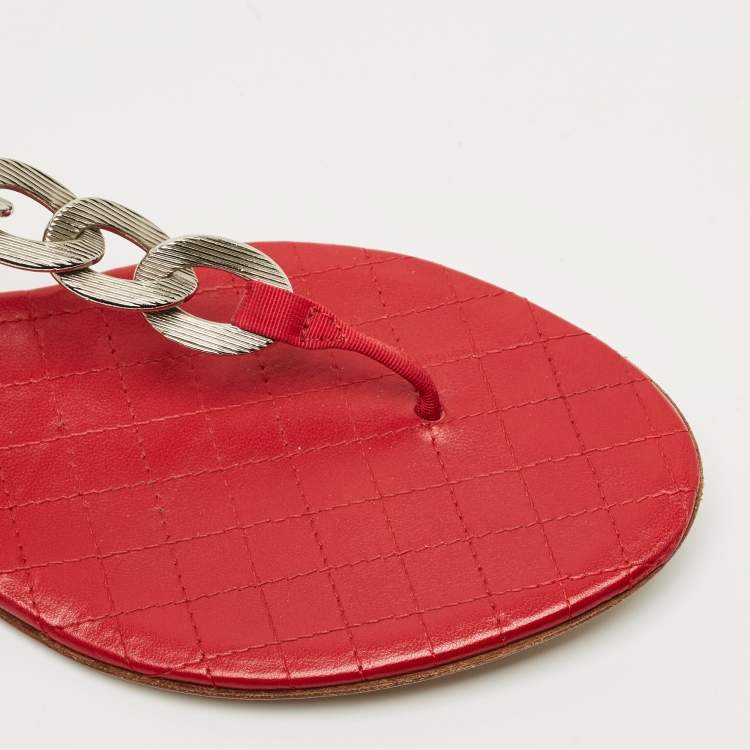 Pre Owned Chanel Red Canvas Thong Slingbag Flat Sandals Size 41.5
