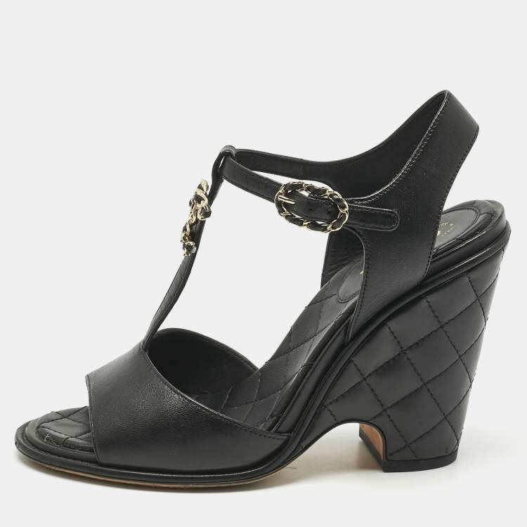 Pre Owned Chanel Black Quilted Leather CC Chain Wedge Platform Sandals Size 38.5