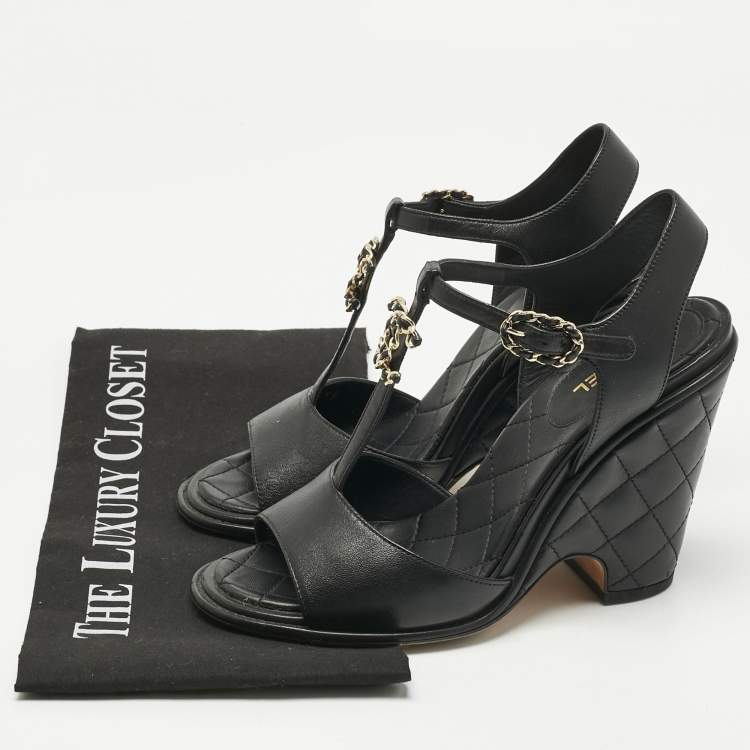 Pre Owned Chanel Black Quilted Leather CC Chain Wedge Platform Sandals Size 38.5