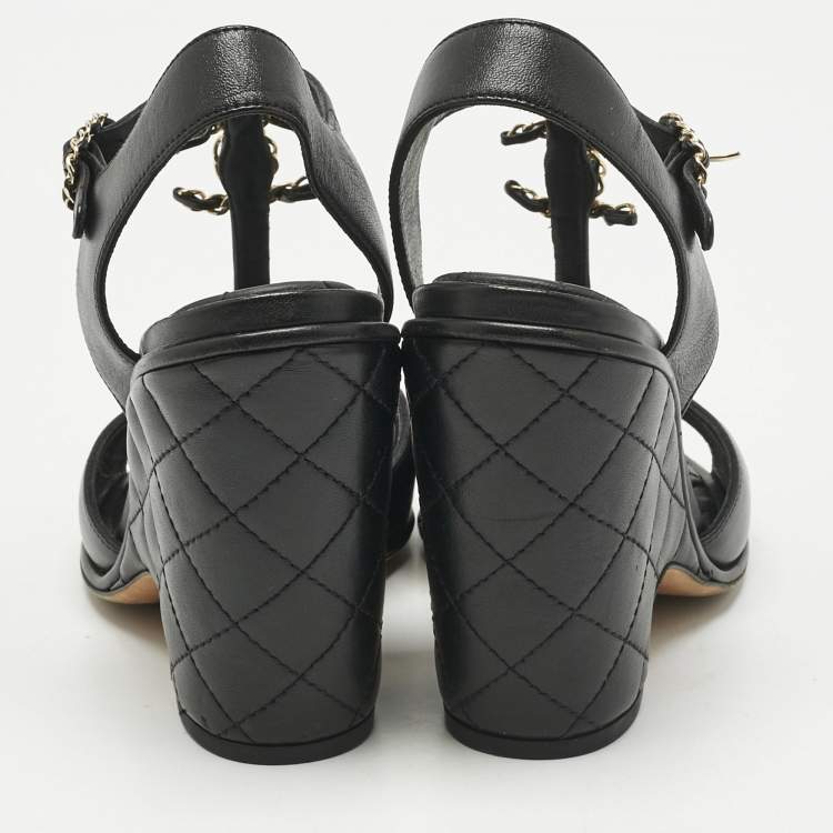 Pre Owned Chanel Black Quilted Leather CC Chain Wedge Platform Sandals Size 38.5