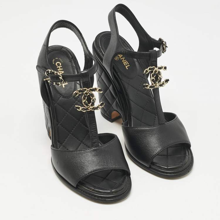 Pre Owned Chanel Black Quilted Leather CC Chain Wedge Platform Sandals Size 38.5