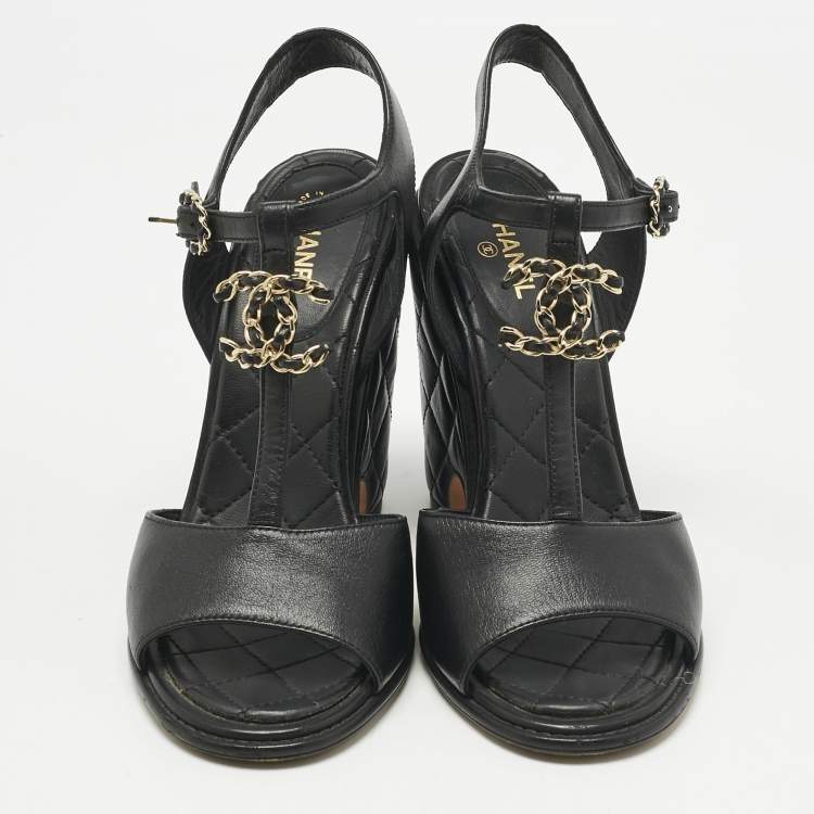 Pre Owned Chanel Black Quilted Leather CC Chain Wedge Platform Sandals Size 38.5