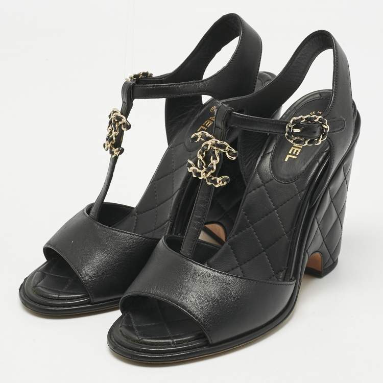 Pre Owned Chanel Black Quilted Leather CC Chain Wedge Platform Sandals Size 38.5