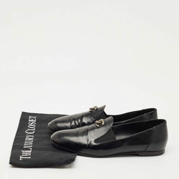 Pre Owned Chanel Black Leather CC Smoking Slippers Size 39