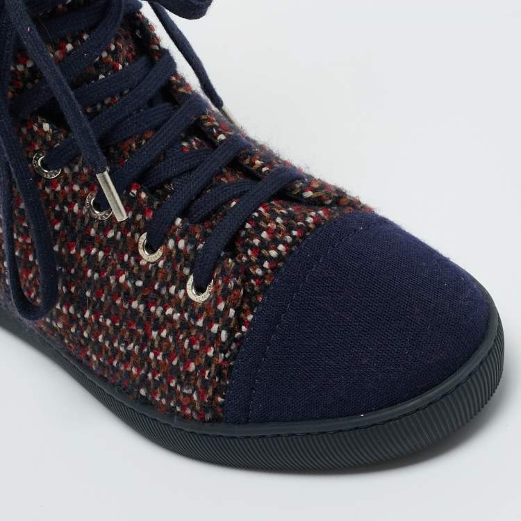 Pre Owned Chanel Multicolor Tweed Lace Wrap  Ankle Boots Size 37.5