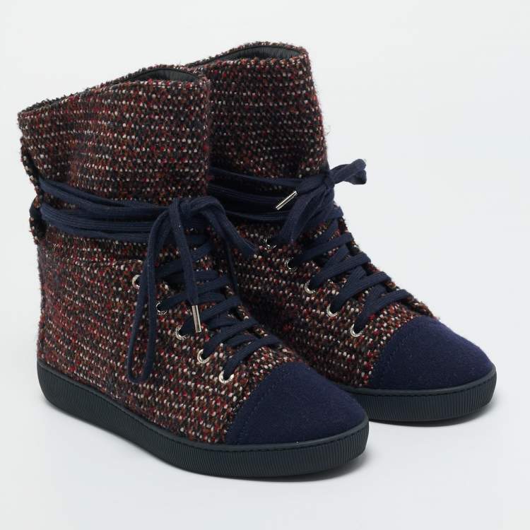 Pre Owned Chanel Multicolor Tweed Lace Wrap  Ankle Boots Size 37.5