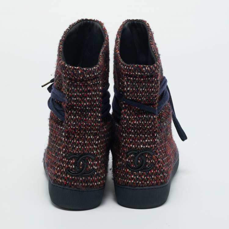 Pre Owned Chanel Multicolor Tweed Lace Wrap  Ankle Boots Size 37.5