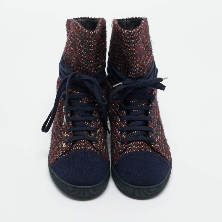 Pre Owned Chanel Multicolor Tweed Lace Wrap  Ankle Boots Size 37.5