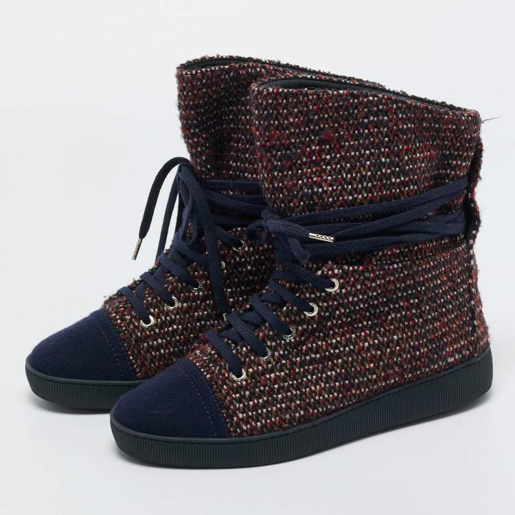 Pre Owned Chanel Multicolor Tweed Lace Wrap  Ankle Boots Size 37.5