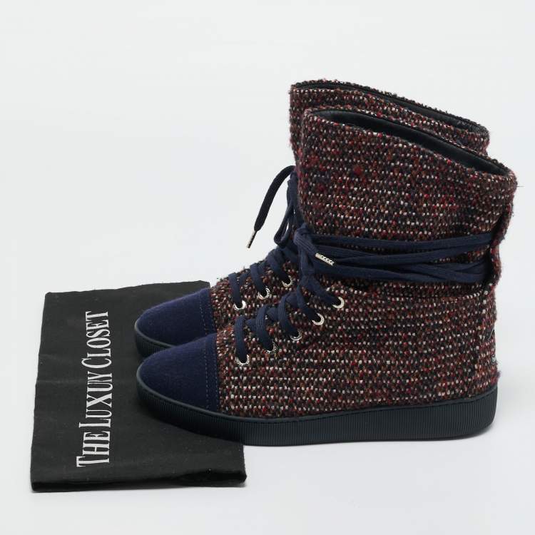 Pre Owned Chanel Multicolor Tweed Lace Wrap  Ankle Boots Size 37.5