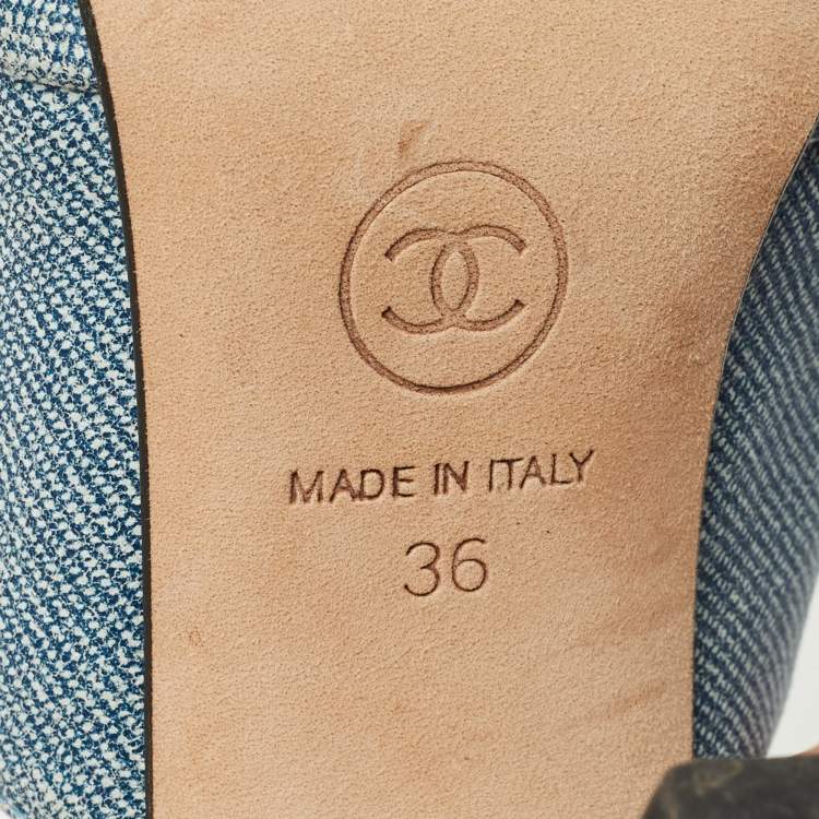 Pre Owned Chanel Blue/Black Denim and Fabric CC Cap Toe Mules Size 36